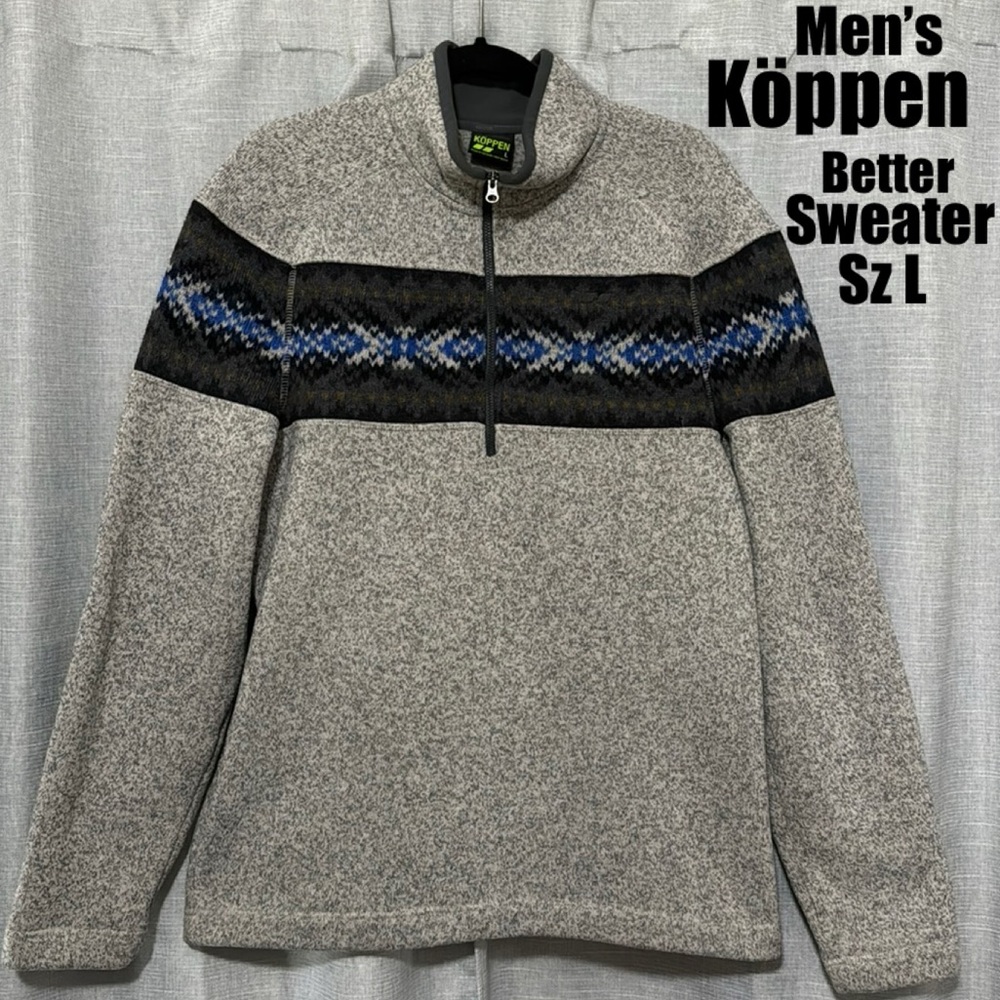 Men’s Koppen Better Sweater Pull Over With Fair Isle Detail-Gray/Blue-Sz L-EUC